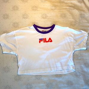FILA white cropped t-shirt w orange & purple accents
